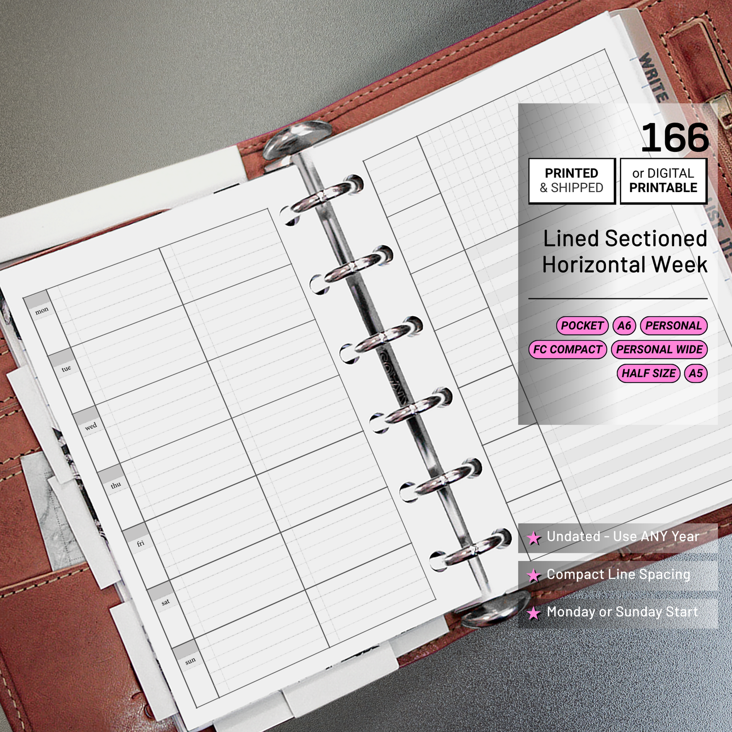 166: Lightly Lined Sectioned Horizontal Weekly Wo1P Wo2P w/ Running Tasks List & Notes