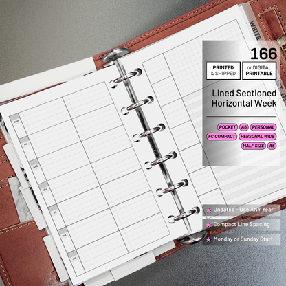 166: Lightly Lined Sectioned Horizontal Weekly Wo1P Wo2P w/ Running Tasks List & Notes