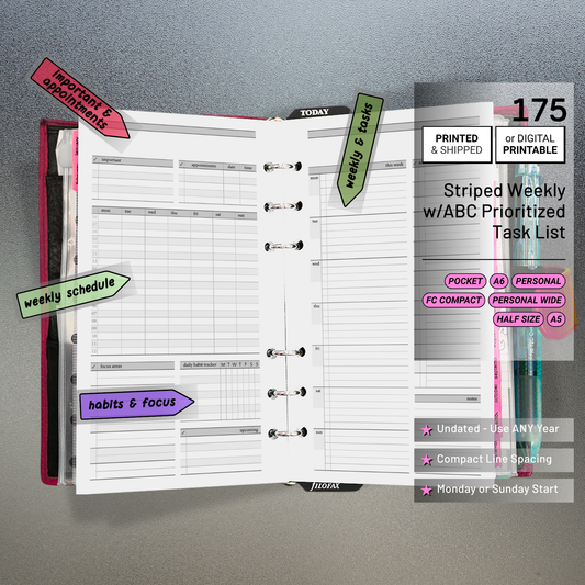 175: Stripes Weekly w/ Prioritized ABC Task List, Small Timed Schedule